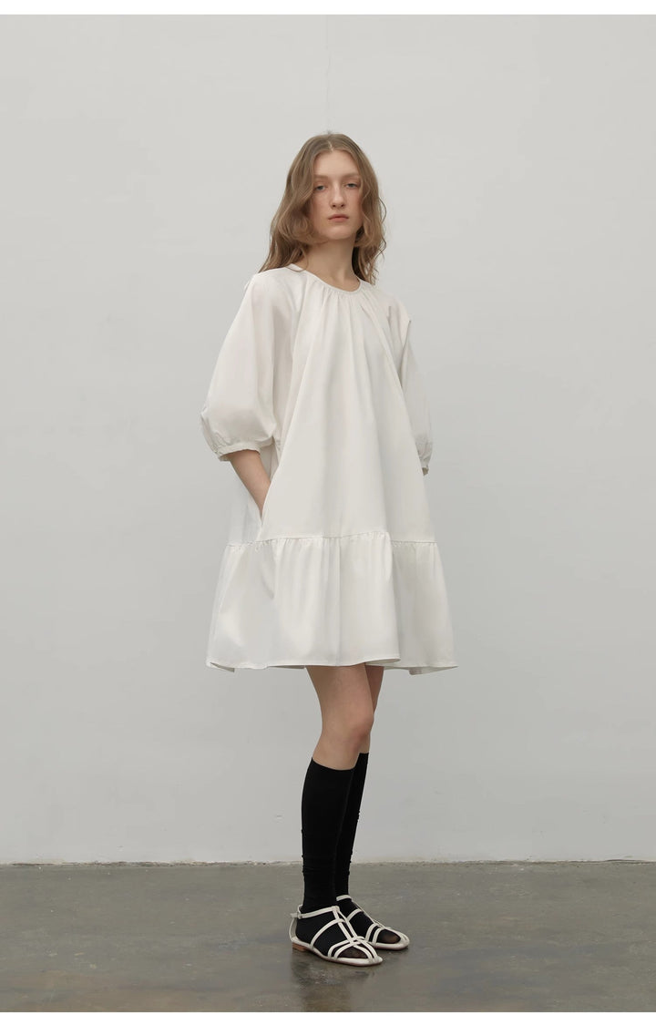 "Dream Island" Hepburn style white dress temperament high-end puff sleeve dress for women by Firelady Fur
