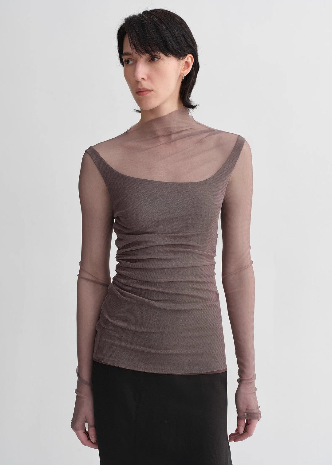 Double-layer transparent oblique collar pinched pleat half-high collar slim fit fake two-piece knitted T-shirt tops for women by Firelady Fur