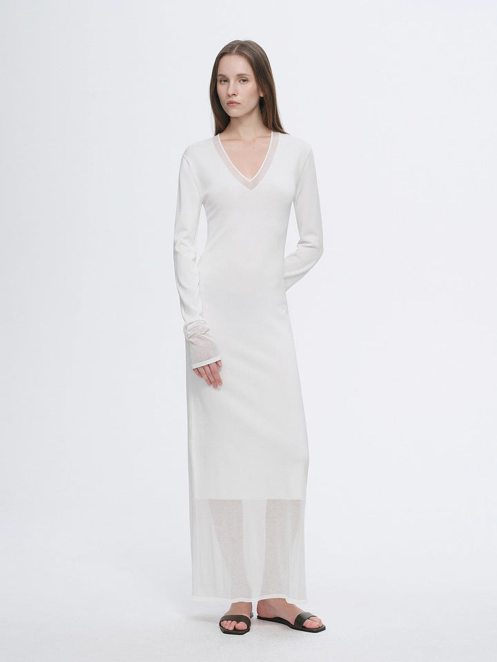 Elegant and intellectual triacetate Tencel blended skin-friendly transparent splicing design V-neck dress by Firelady Fur