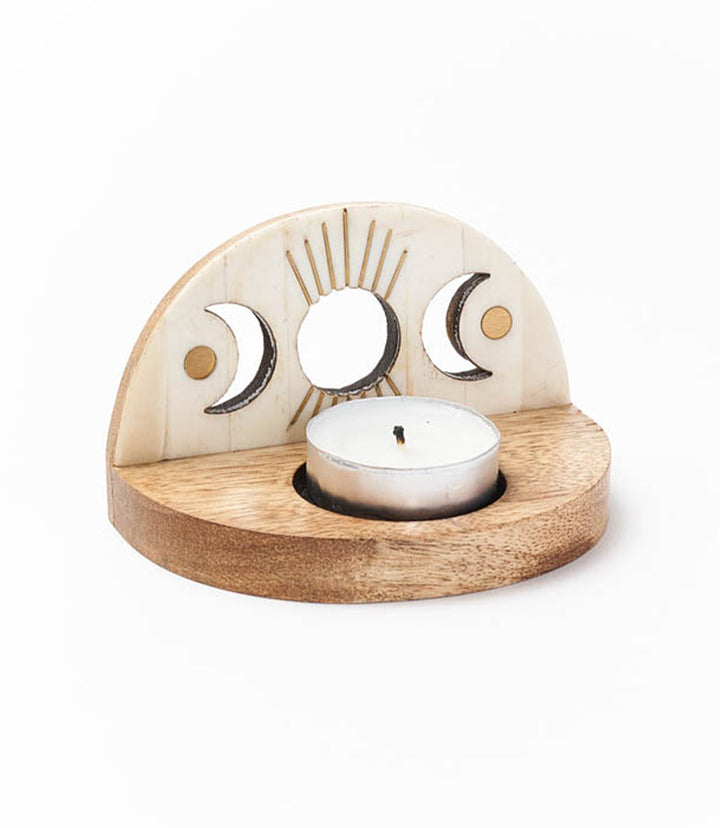 Indukala Moon Phase Tealight Candle Holder - Carved Bone Wood by Matr Boomie