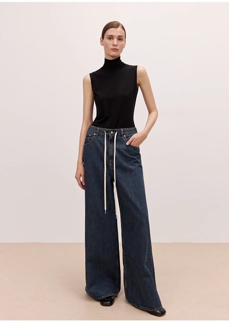 "Retro Blues" fashionable high waist pleated design washed casual wide leg jeans for women by Firelady Fur