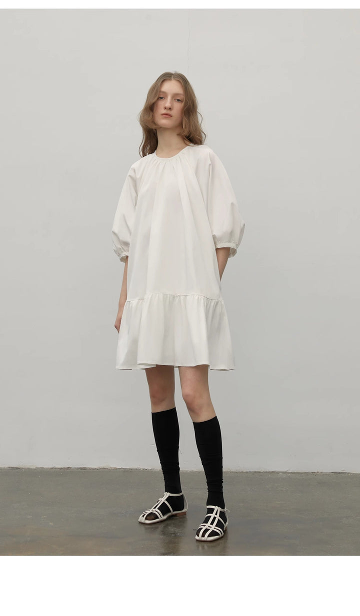 "Dream Island" Hepburn style white dress temperament high-end puff sleeve dress for women by Firelady Fur