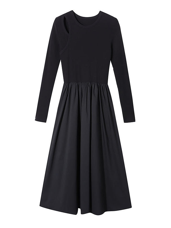 A-Line Long Sleeves Elasticity Hollow Solid Color Split-Joint Round-Neck Midi Dresses by migunica