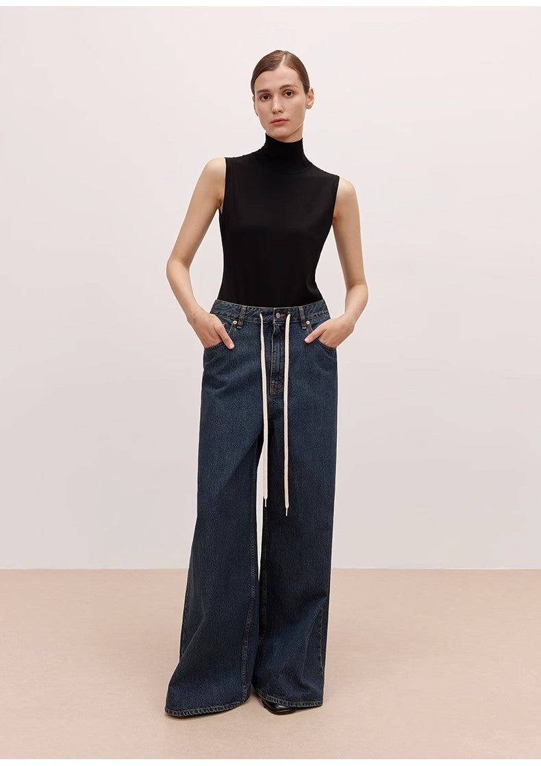 "Retro Blues" fashionable high waist pleated design washed casual wide leg jeans for women by Firelady Fur