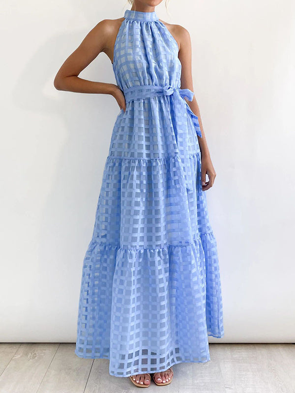 Loose Sleeveless Plaid Ribbed Stand Collar Maxi Dresses by migunica