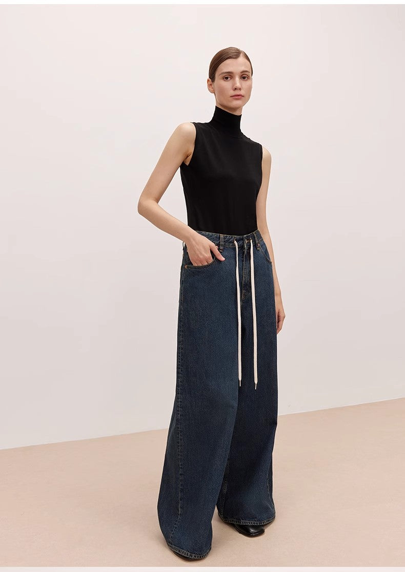 "Retro Blues" fashionable high waist pleated design washed casual wide leg jeans for women by Firelady Fur