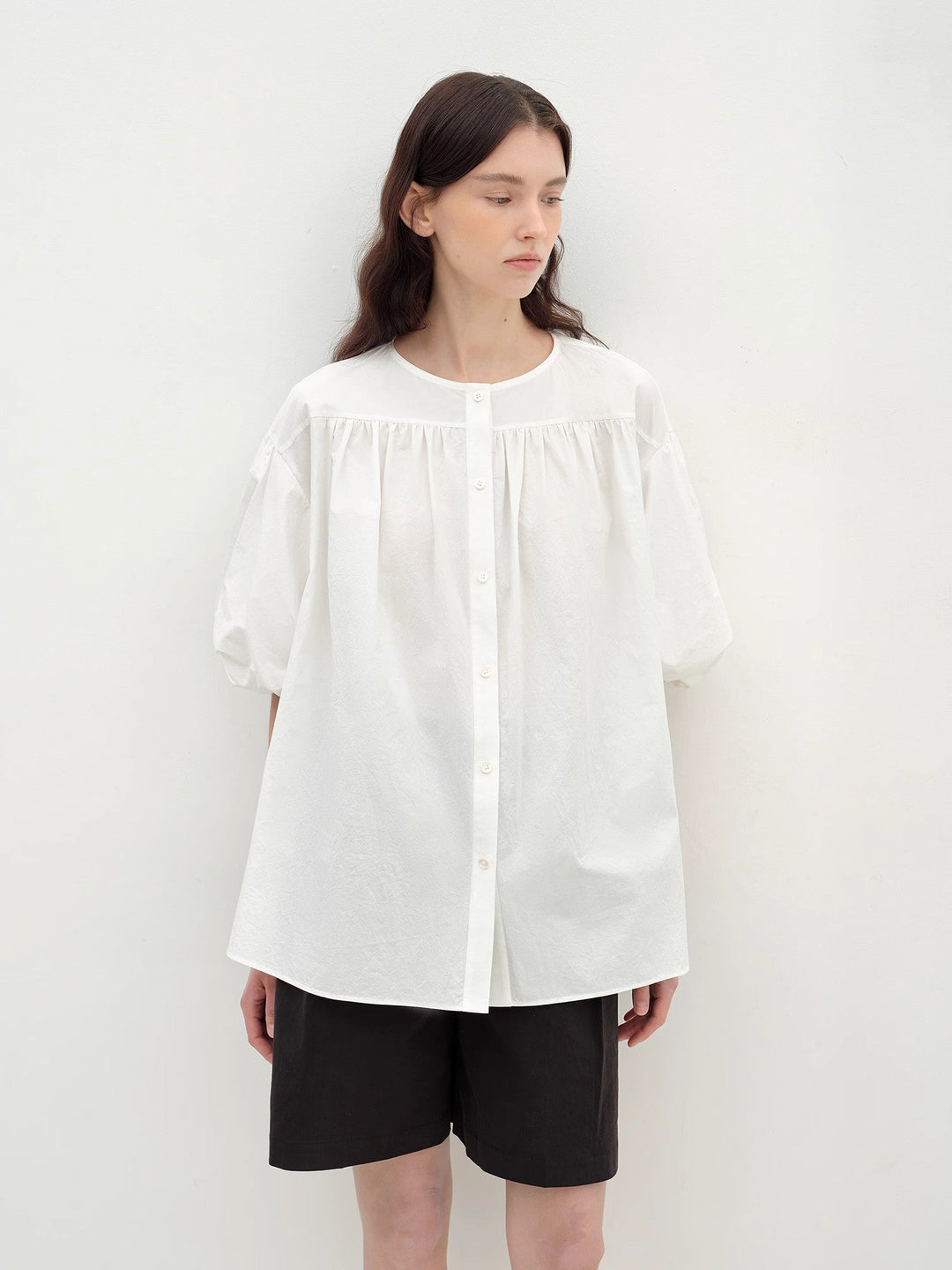 "Romantic Line Drawing" Pure Cotton Slightly Wrinkled Puff Sleeve Short Top for Women by Firelady Fur