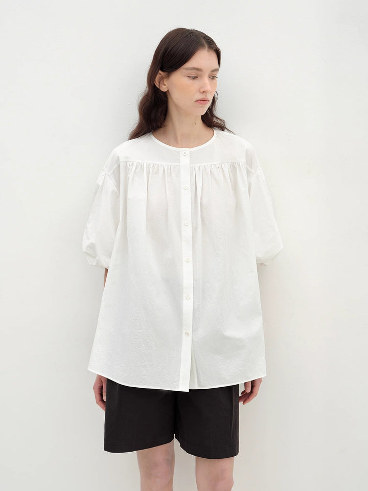 "Romantic Line Drawing" Pure Cotton Slightly Wrinkled Puff Sleeve Short Top for Women by Firelady Fur