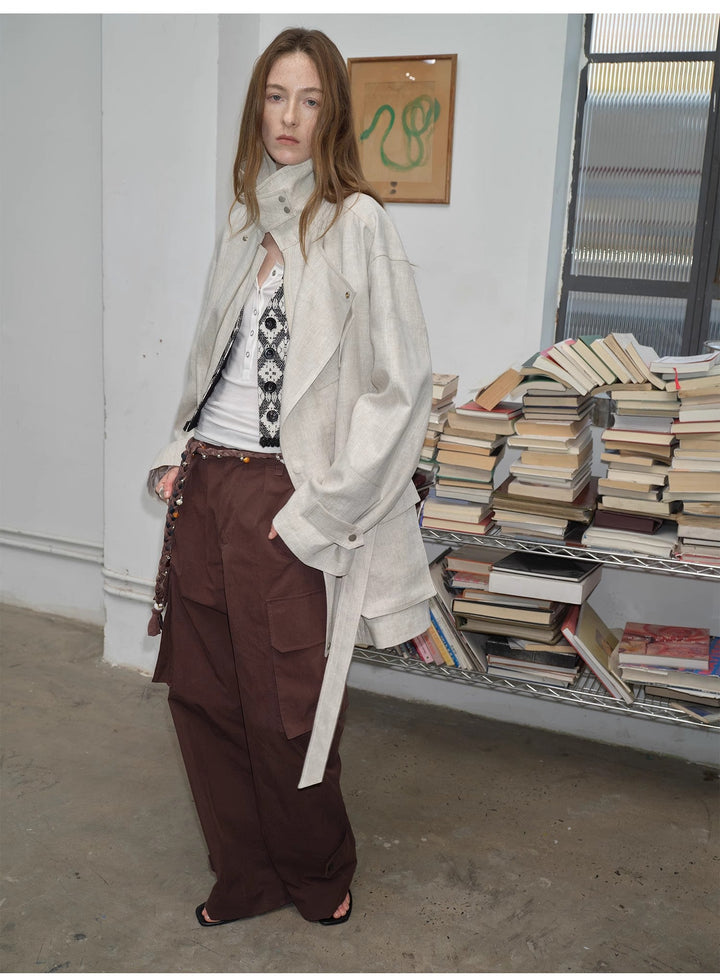 Relaxed Gold Linen Blend Lace-Up Mid-Length Trench Coat Spring"Flynn Magazine" by Firelady Fur