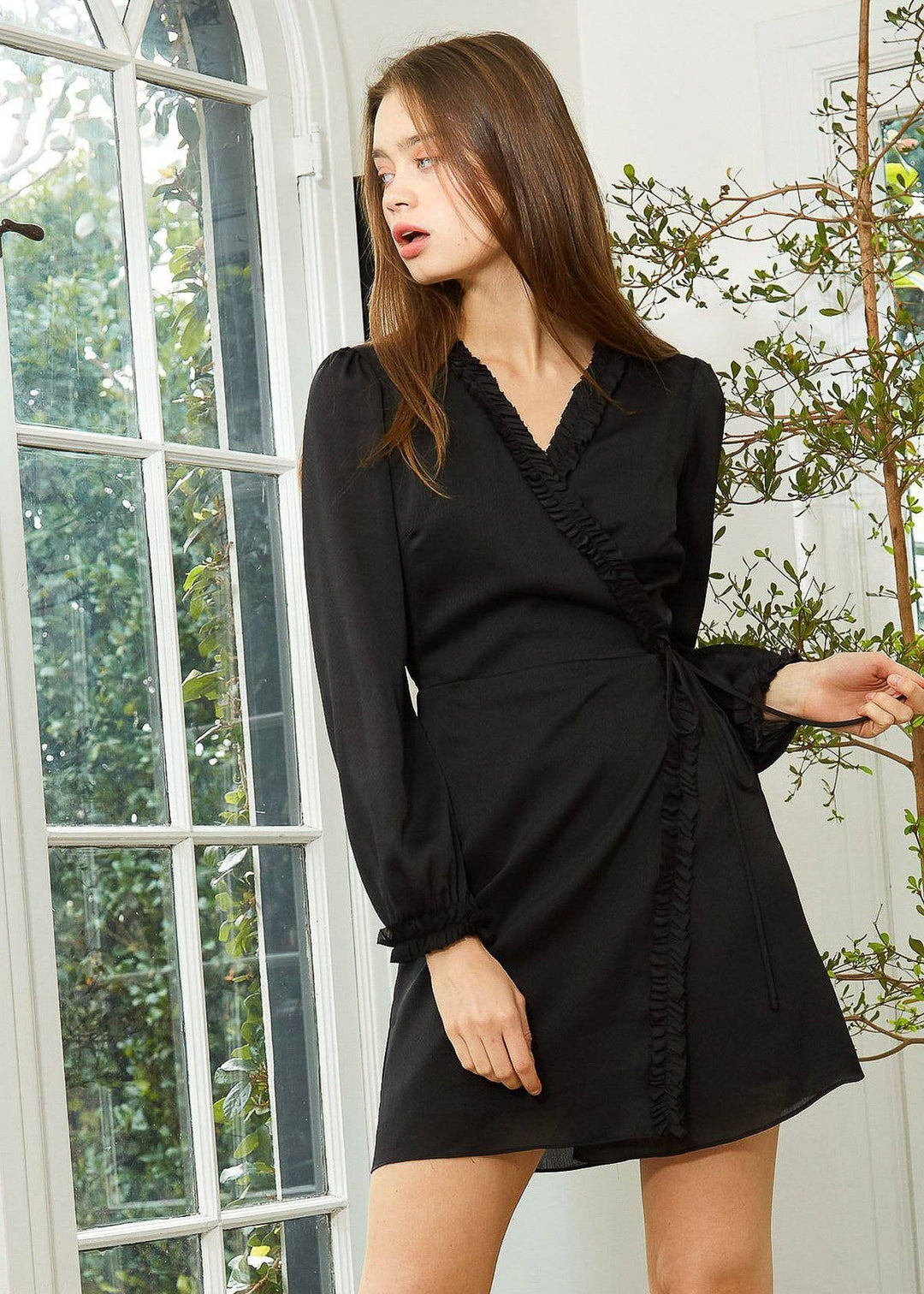 fitted lace wedding dress Women's Ruffle Trim Long Sleeve Wrap Dress in Black – Pomp and Port