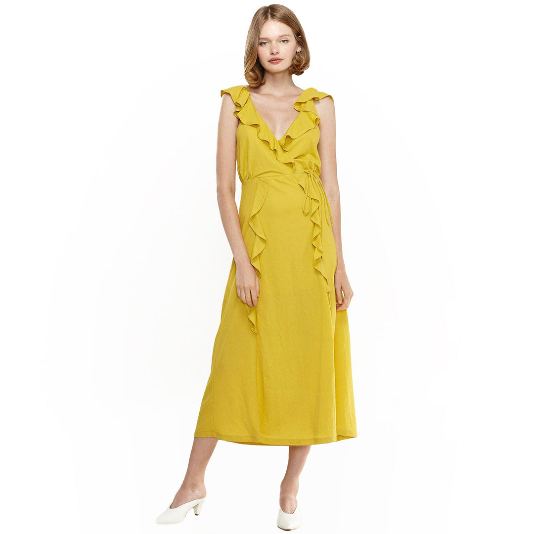 mustard yellow maxi dress Women's Ruffle Trim Wrapped Maxi Dress in Mustard Pomp and Port mustard yellow maxi dress Women's Ruffle Trim Wrapped Maxi Dress in Mustard Pomp and Port