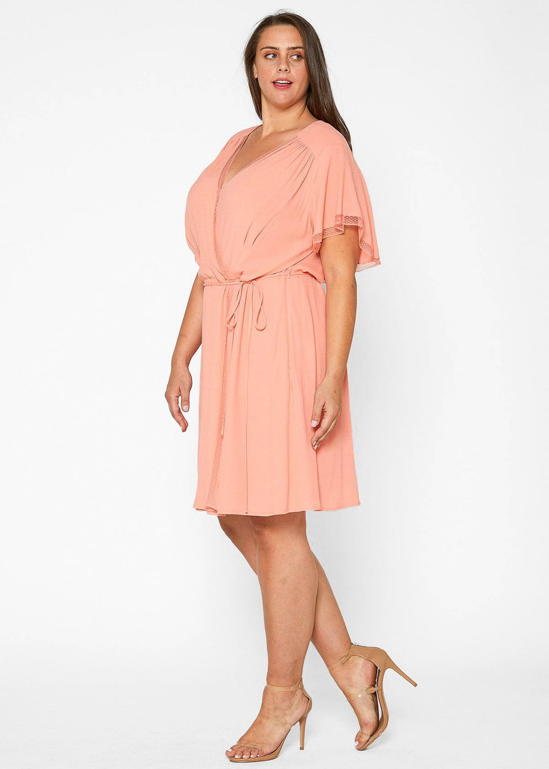 Plus Size Lace Trim Wrap Dress in Coral Pomp and Port Plus Size Lace Trim Wrap Dress in Coral Pomp and Port