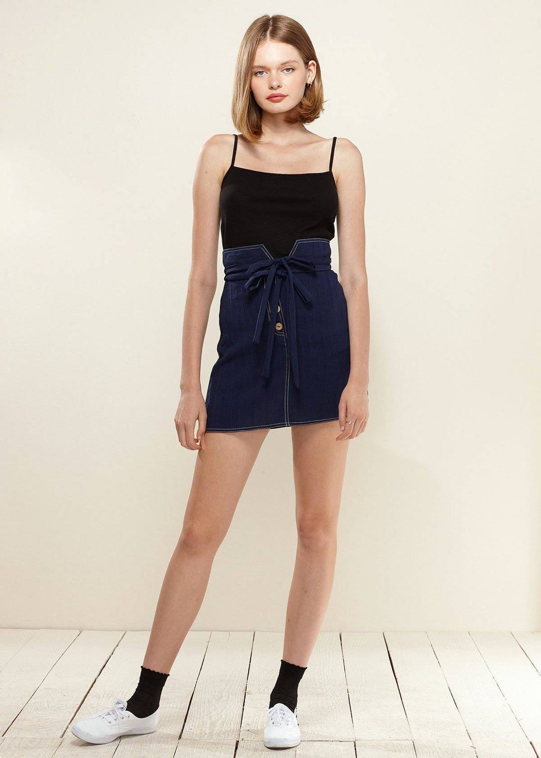 Women's Stitch Hem Double Strap High Waist Skirt in Navy by Shop at Konus