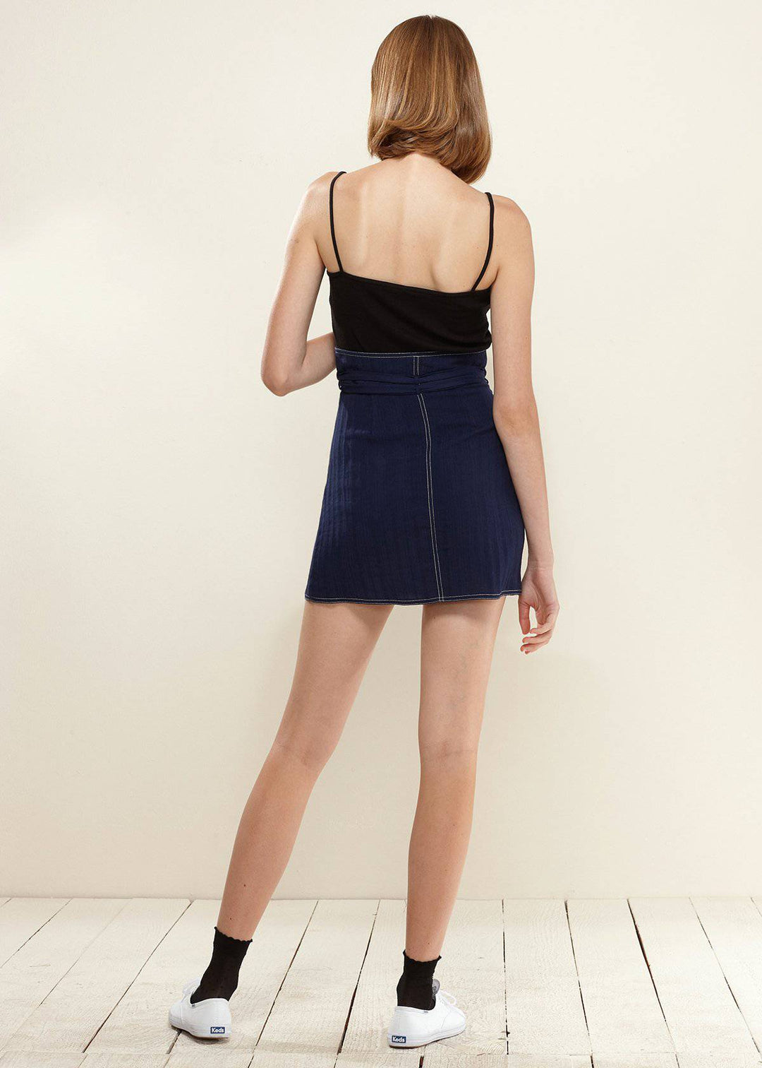 Women's Stitch Hem Double Strap High Waist Skirt in Navy by Shop at Konus