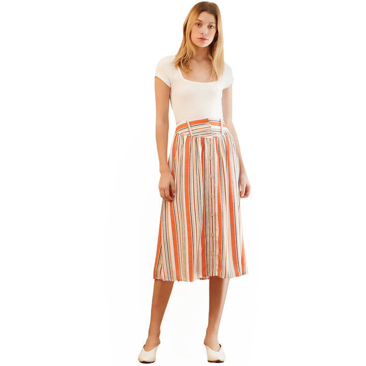 Women's Multi Stripe Button Front Midi Skirt by Shop at Konus