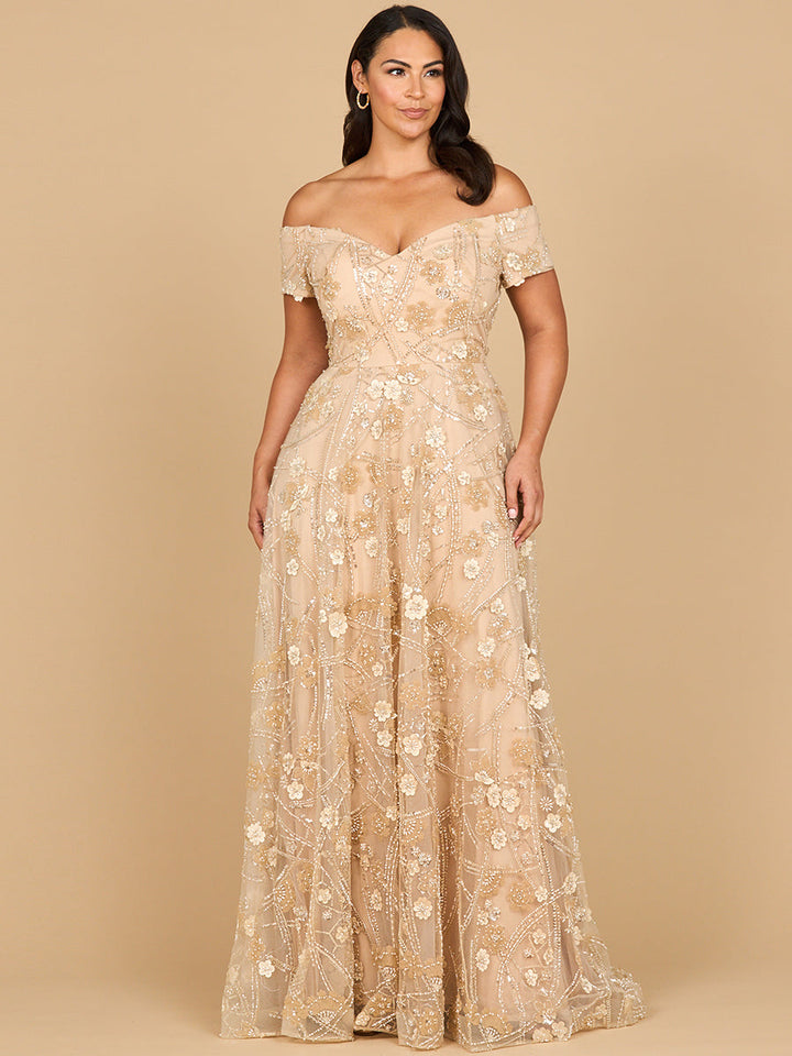 Lara 28882- Off Shoulder A-Line Floral Gown