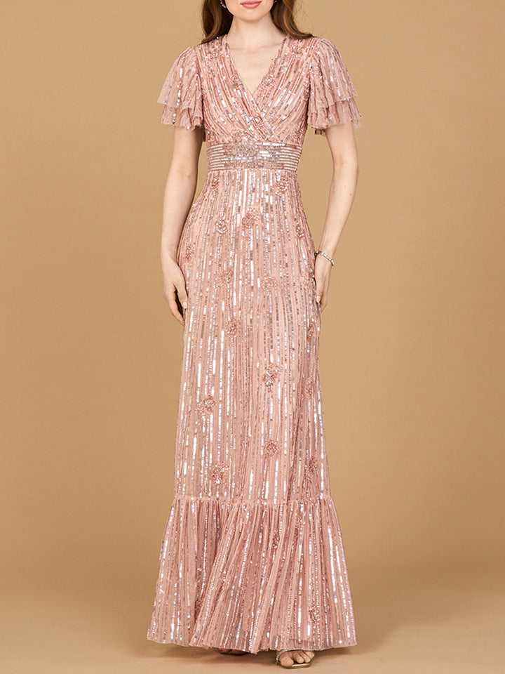 Elegant Beaded Gown with Flutter Sleeves