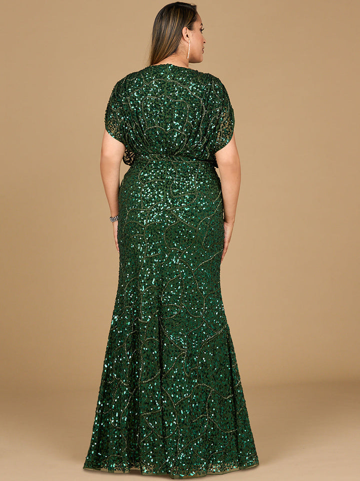Beaded Gown with Draped Cape Sleeves