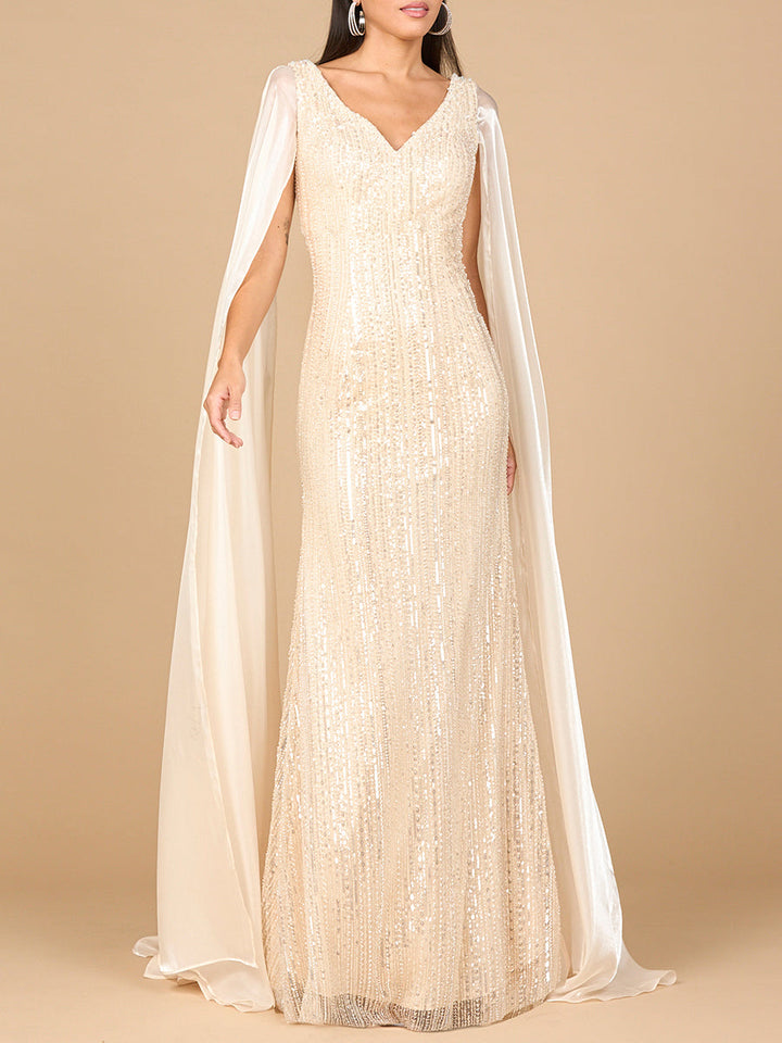 Beaded Gown with Satin Cape Sleeves