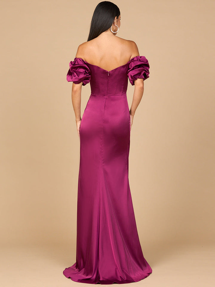 Off Shoulder Satin Dress with Slit