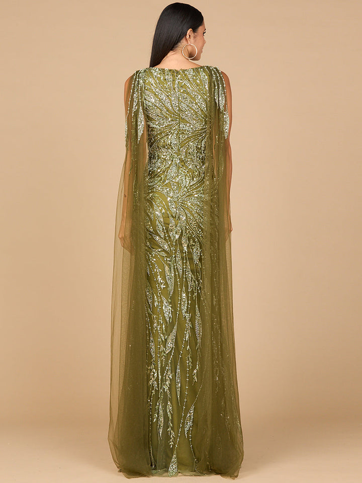 V-Neck Gown with Long Cape Sleeves