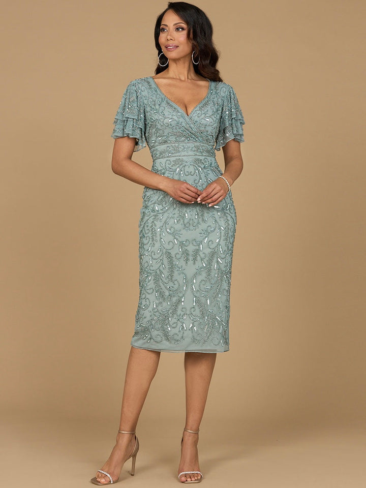 Beaded Midi Dress with Cape Sleeves