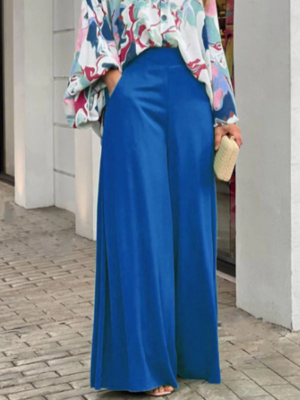 Long Sleeves Floral Printed Blouses + High-Waisted Solid Color Wide Leg Pants Trousers Two Pieces Set by migunica