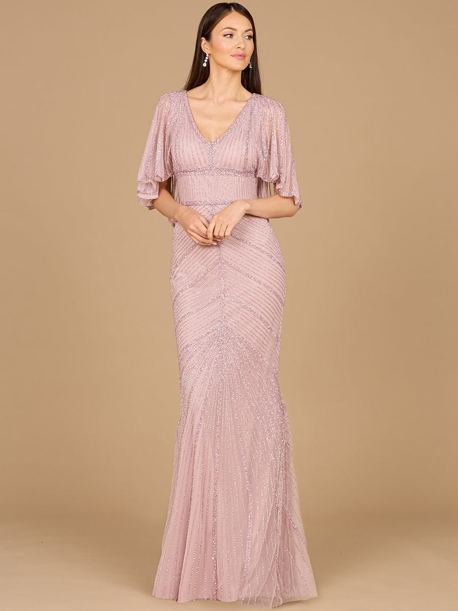 Cape Sleeve Beaded Gown