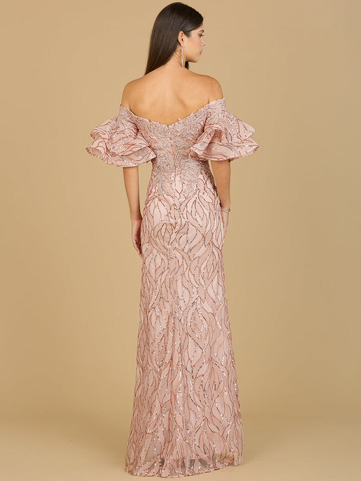 Off Shoulder Mermaid Beaded Gown with Tiered Sleeves
