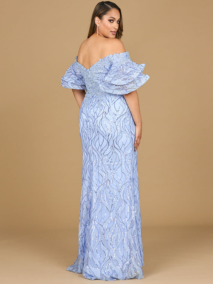 Off Shoulder Mermaid Beaded Gown with Tiered Sleeves