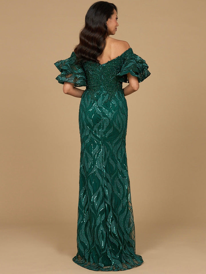 Off Shoulder Mermaid Beaded Gown with Tiered Sleeves