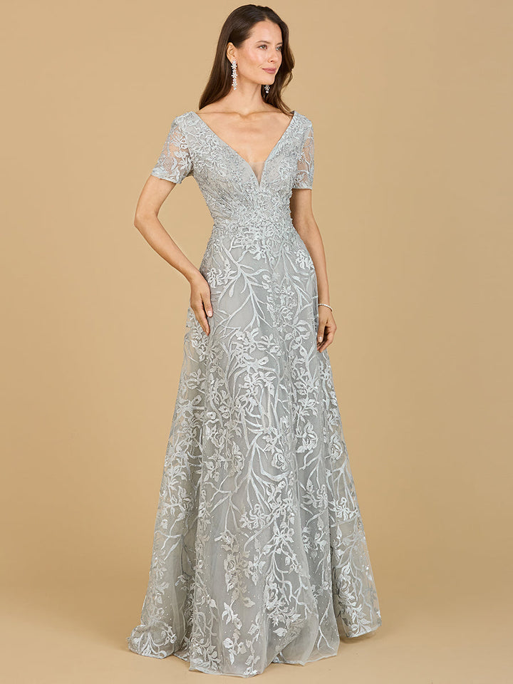 Short Sleeve Lace A-Line Dress with V-Neckline