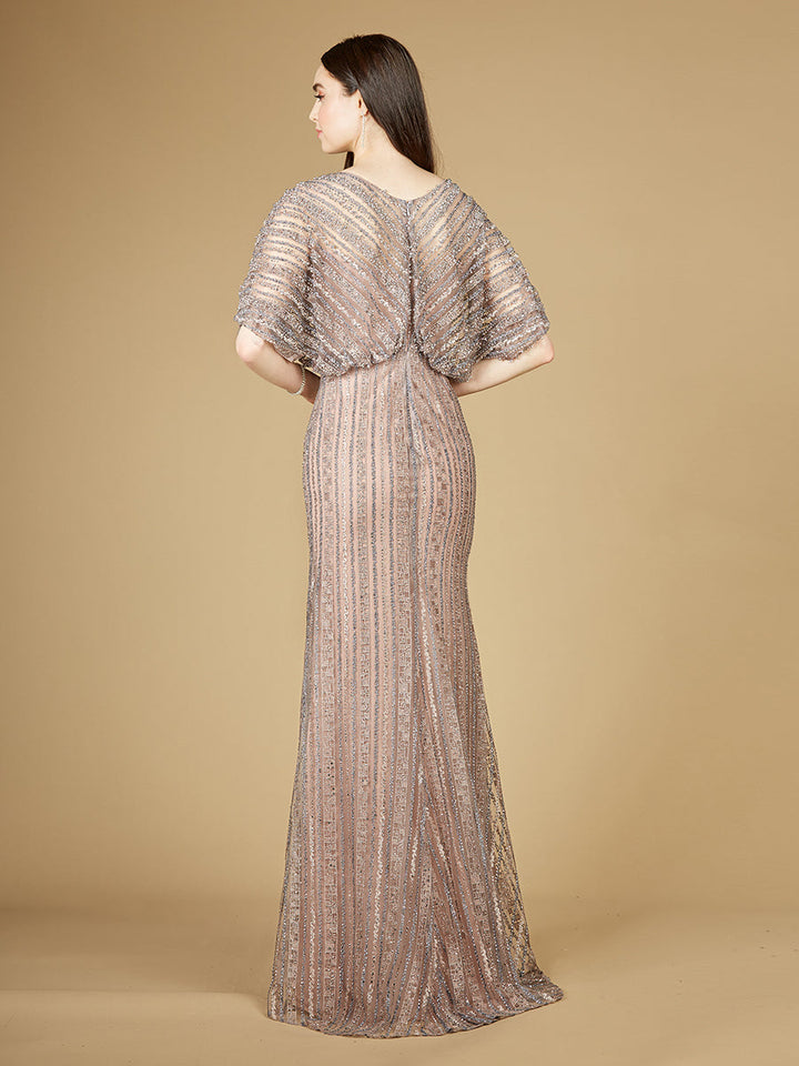 Cape Sleeve V-Neck Gown with Geometric Beading