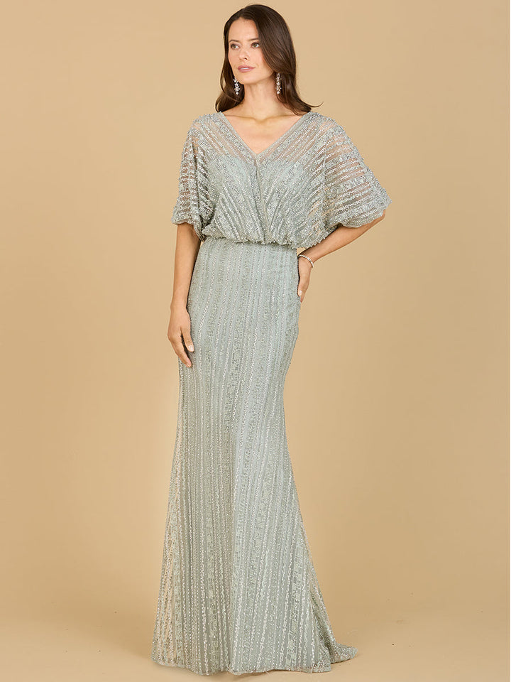 Cape Sleeve V-Neck Gown with Geometric Beading