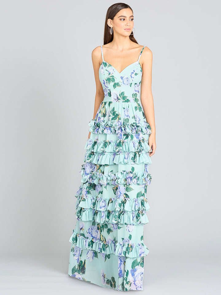 Ruffle Skirt Printed Gown with Spaghetti Straps - OUTLET