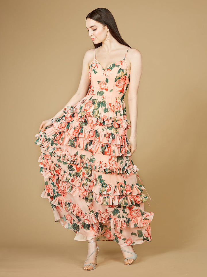 Ruffle Skirt Printed Gown with Spaghetti Straps - OUTLET