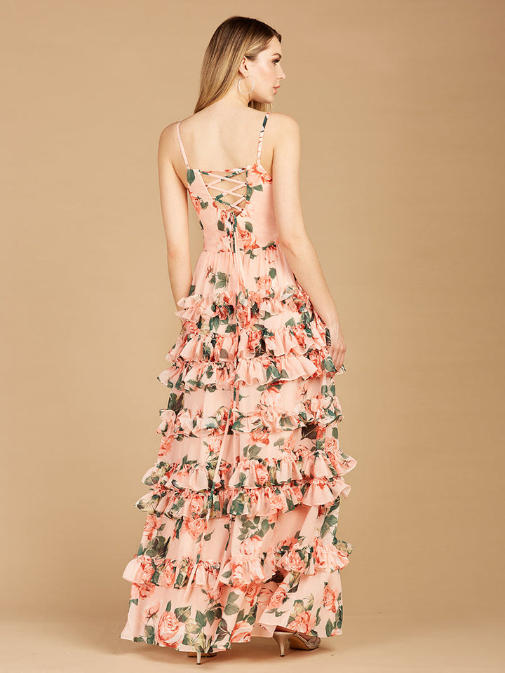 Ruffle Skirt Printed Gown with Spaghetti Straps - OUTLET