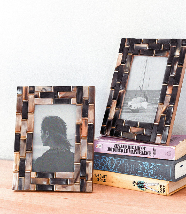 Kachhua 4x6 Beveled Picture Frame - Assorted Carved Horn, Brass Accent by Matr Boomie