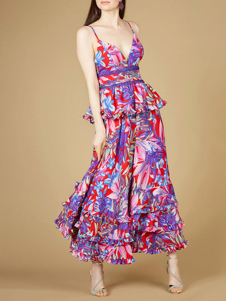 Ruffle Skirt Printed Gown - OUTLET