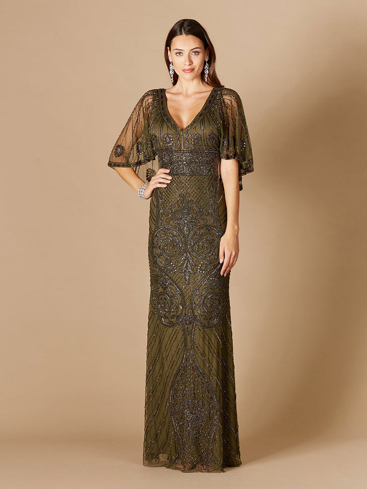 Cape Sleeve V-Neck Beaded Gown