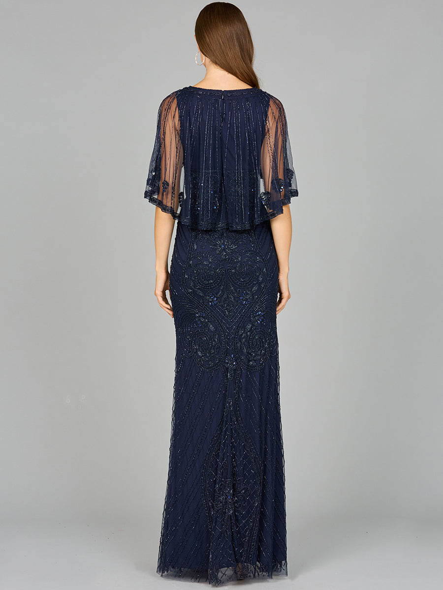Cape Sleeve V-Neck Beaded Gown