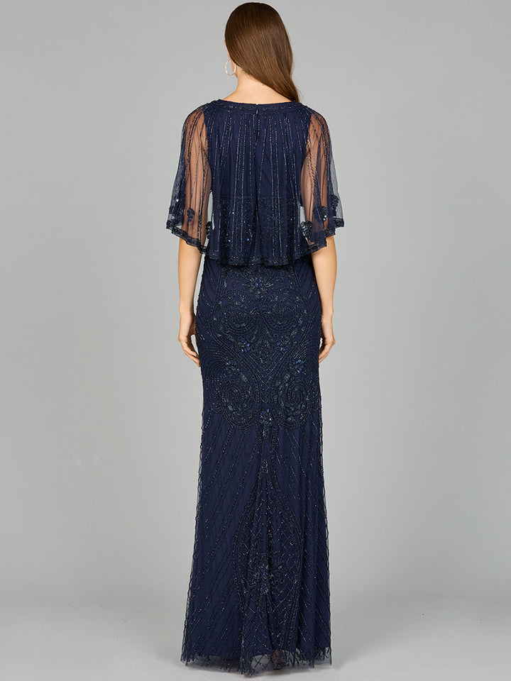 Cape Sleeve V-Neck Beaded Gown