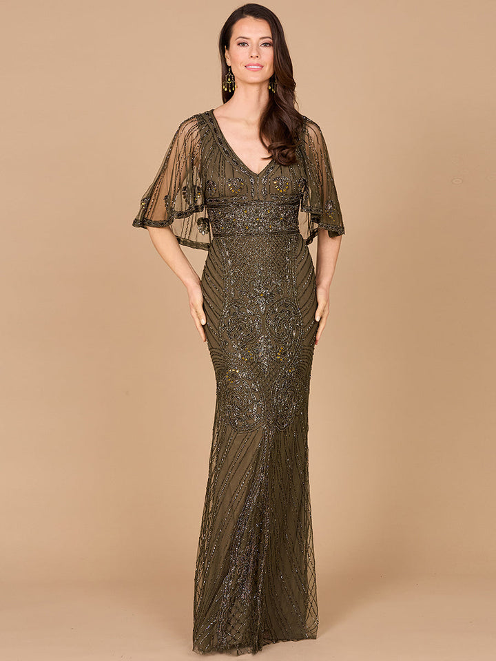 Cape Sleeve V-Neck Beaded Gown