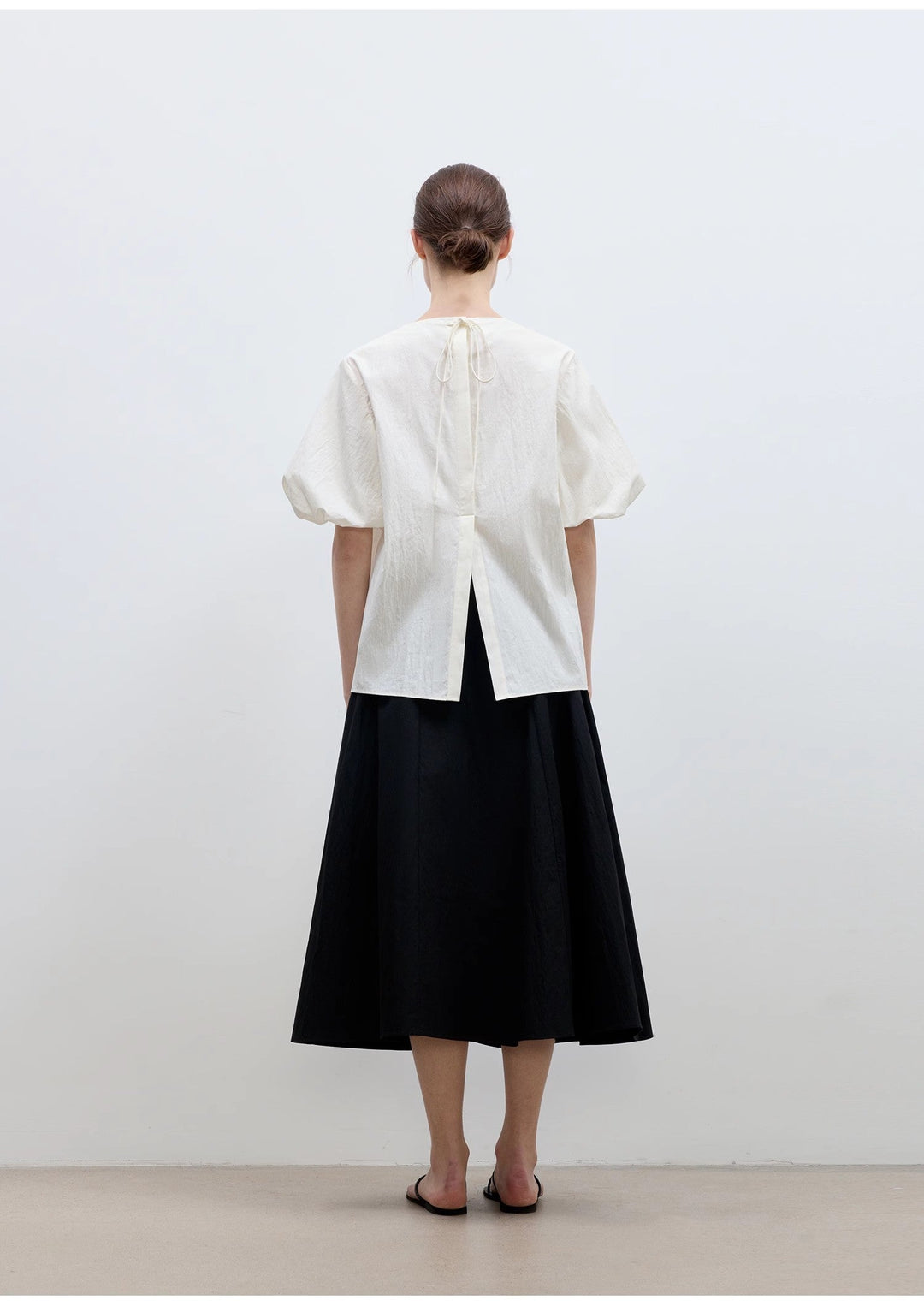 "Iceland Diary" neckline pleated design round neck tie puff sleeve short sleeve shirt for women by Firelady Fur