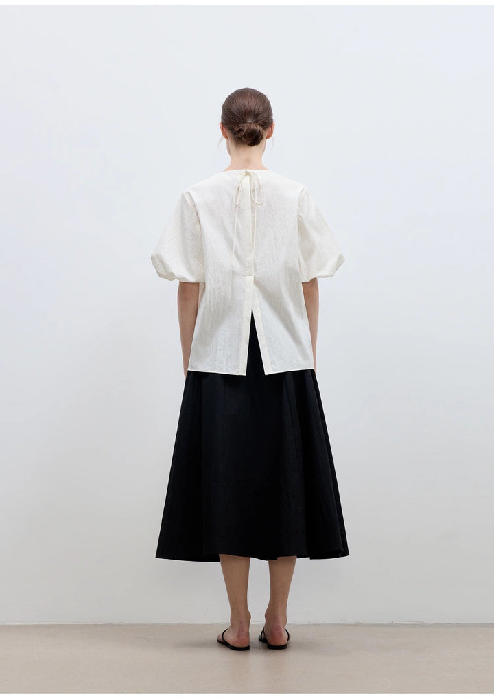 "Iceland Diary" neckline pleated design round neck tie puff sleeve short sleeve shirt for women by Firelady Fur