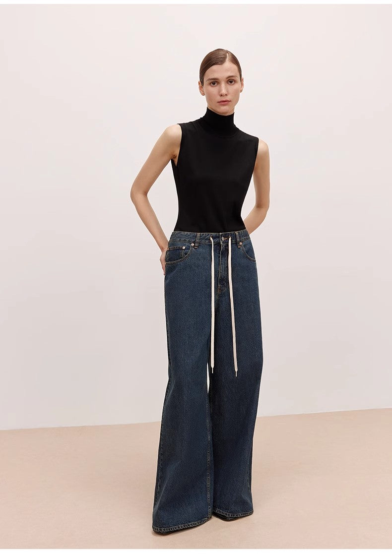 "Retro Blues" fashionable high waist pleated design washed casual wide leg jeans for women by Firelady Fur