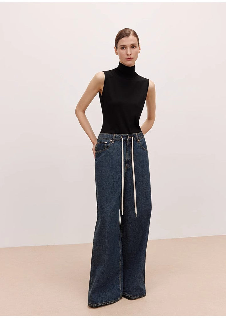 "Retro Blues" fashionable high waist pleated design washed casual wide leg jeans for women by Firelady Fur