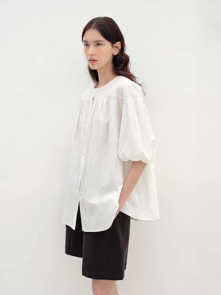 "Romantic Line Drawing" Pure Cotton Slightly Wrinkled Puff Sleeve Short Top for Women by Firelady Fur