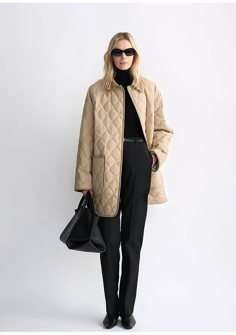"Diamond Texture" Splicing Lapel 90 White Goose Down Barn Jacket Down Jacket Women by Firelady Fur