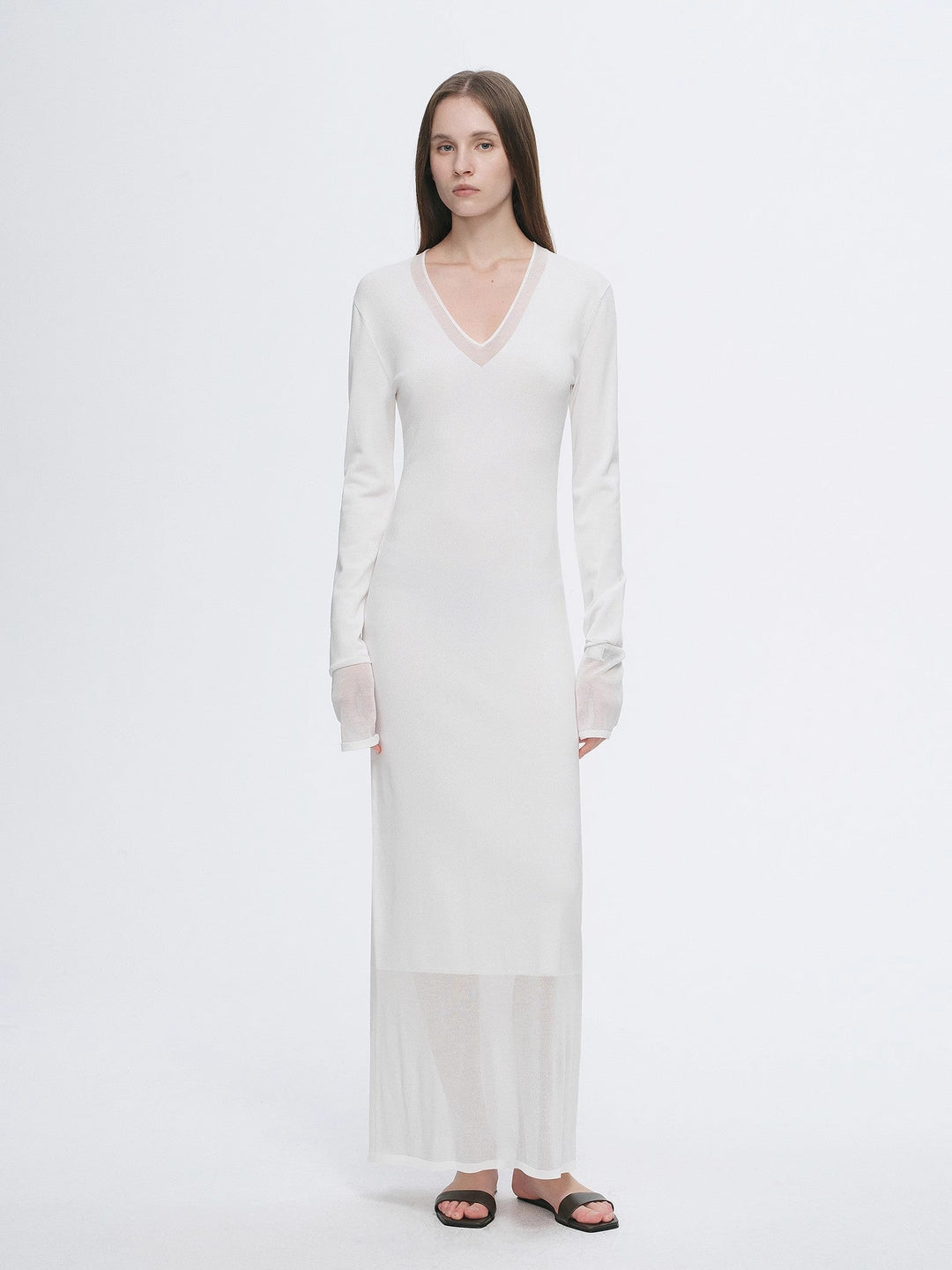 Elegant and intellectual triacetate Tencel blended skin-friendly transparent splicing design V-neck dress by Firelady Fur